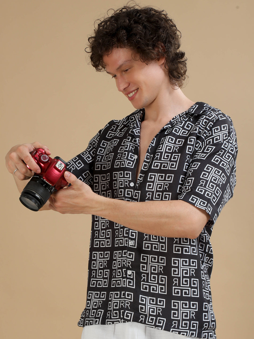 Abstract Black Oversize Shirt Oversize Printed Shirt Bushirt