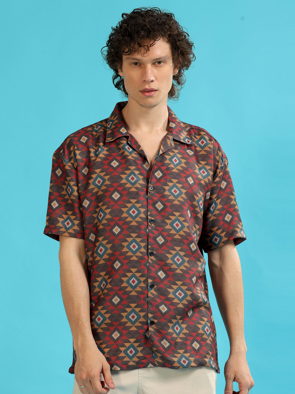 Geometric Brown Oversize Shirt Oversize Printed Shirt Bushirt