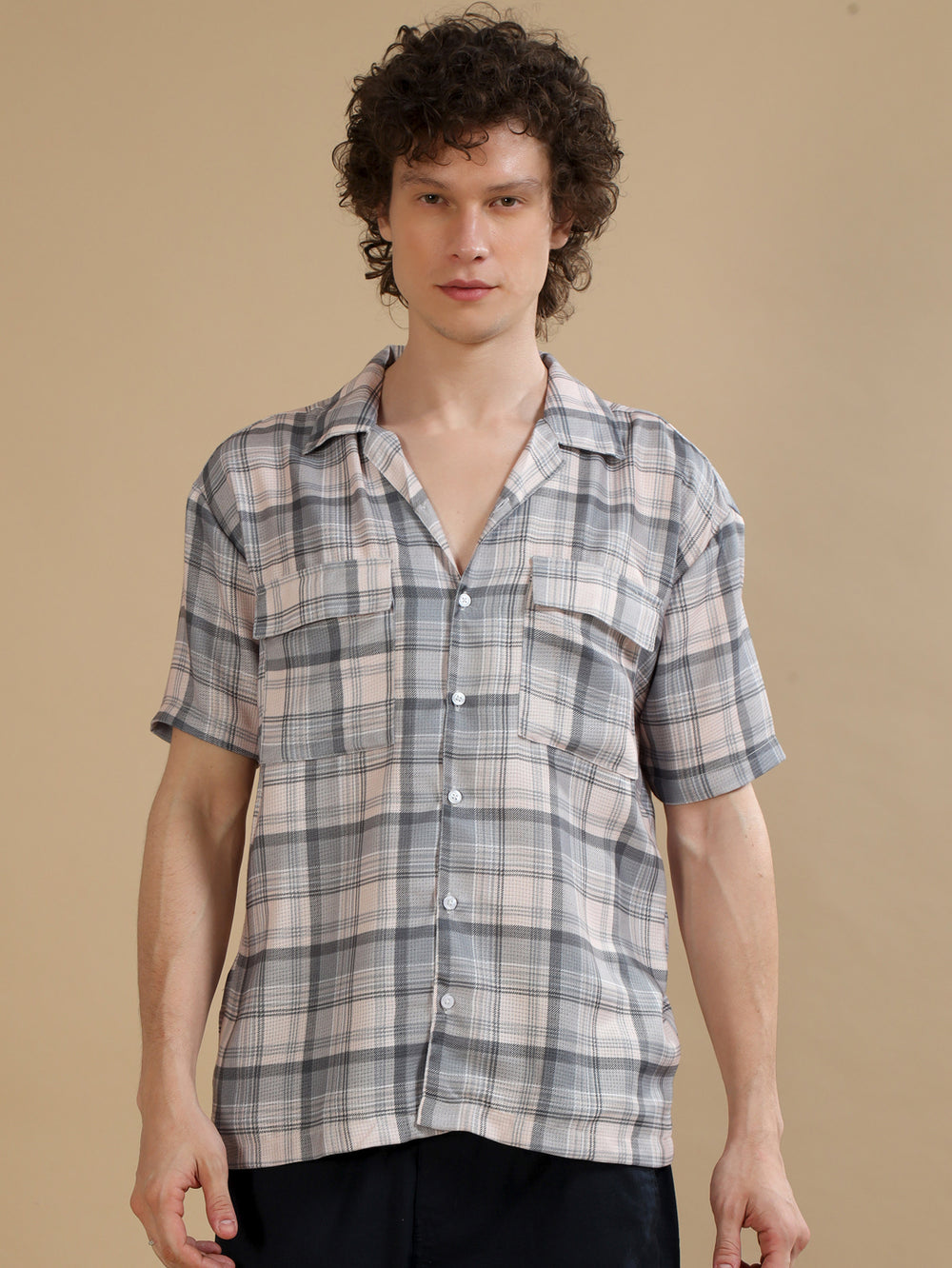 Tartan Square Cream Checks Oversize Shirt Oversize Printed Shirt Bushirt