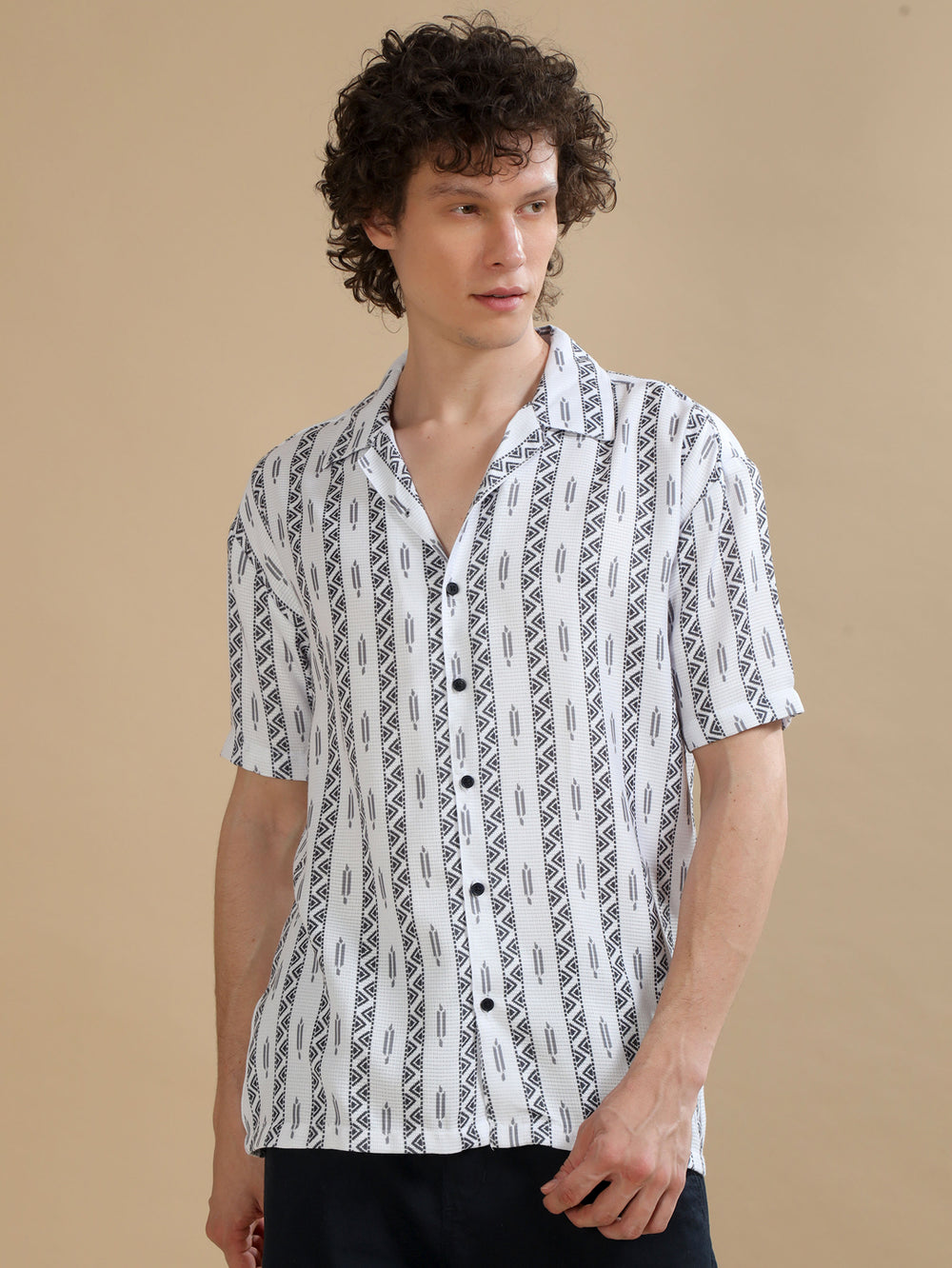 Ethnic Strips White Oversize Shirt Oversize Printed Shirt Bushirt