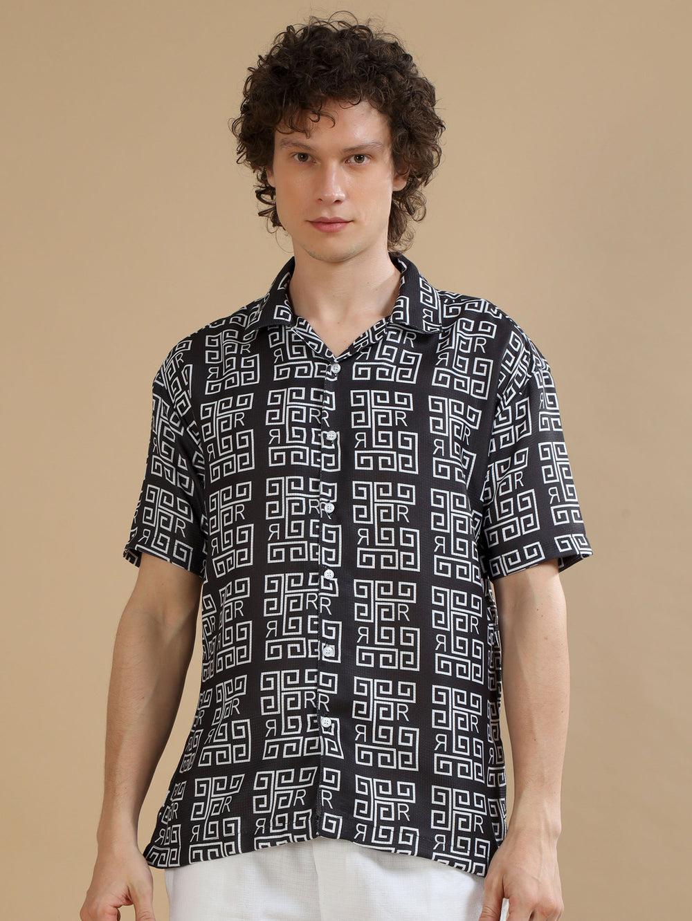 Abstract Black Oversize Shirt Oversize Printed Shirt Bushirt