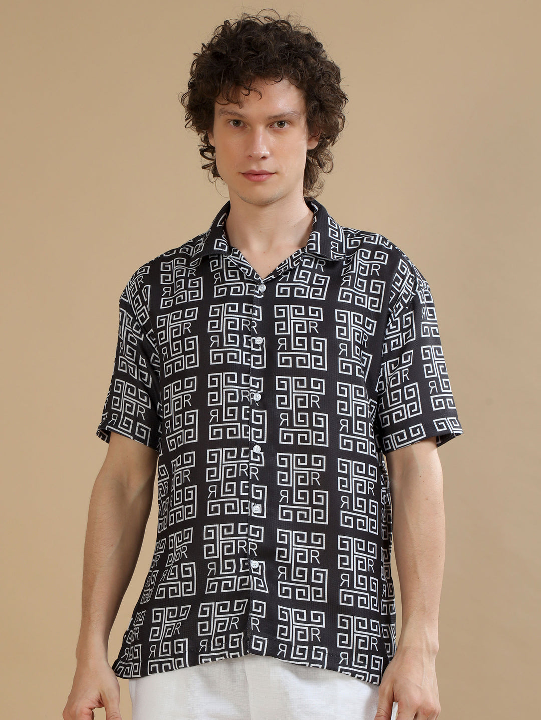 Abstract Black Oversize Shirt Oversize Printed Shirt Bushirt