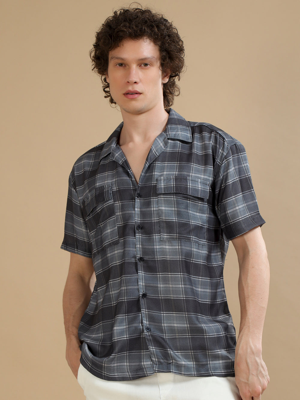 Tartan Square Slate Grey Checks Oversize Shirt Oversize Printed Shirt Bushirt