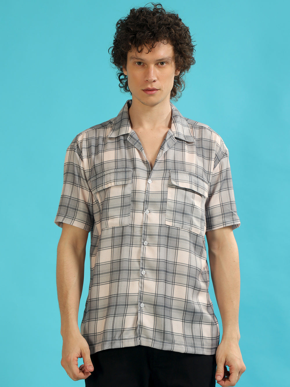 Tartan Square Ivory Checks Oversize Shirt Oversize Printed Shirt Bushirt