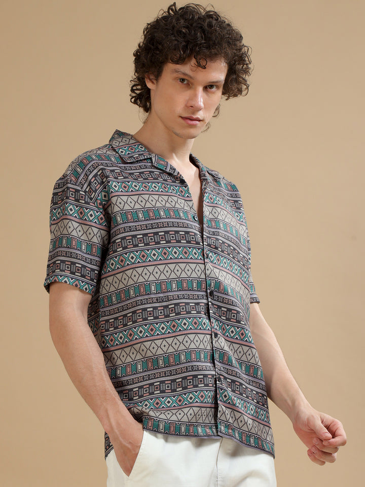 Tribe Olive Oversize Shirt Oversize Printed Shirt Bushirt