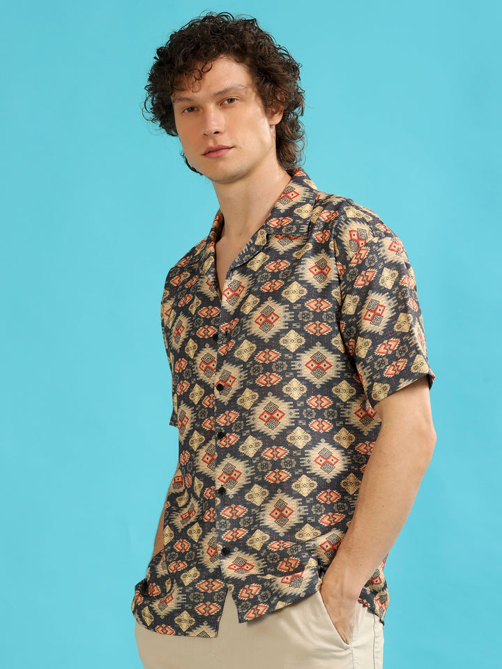 Geometric Slate Grey Oversize Shirt Oversize Printed Shirt Bushirt