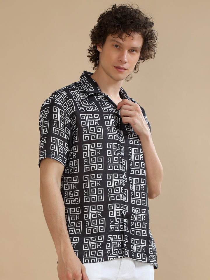 Abstract Black Oversize Shirt Oversize Printed Shirt Bushirt