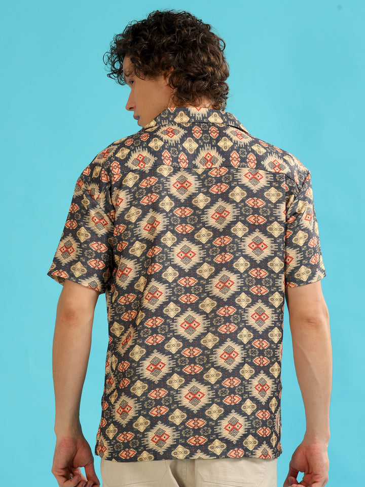 Geometric Slate Grey Oversize Shirt Oversize Printed Shirt Bushirt