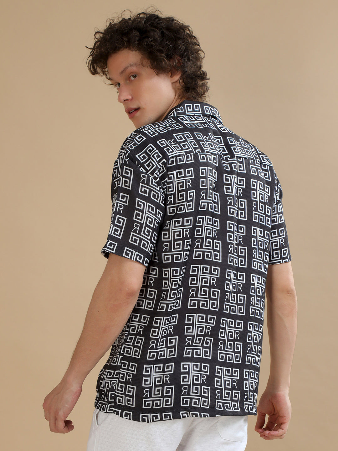 Abstract Black Oversize Shirt Oversize Printed Shirt Bushirt