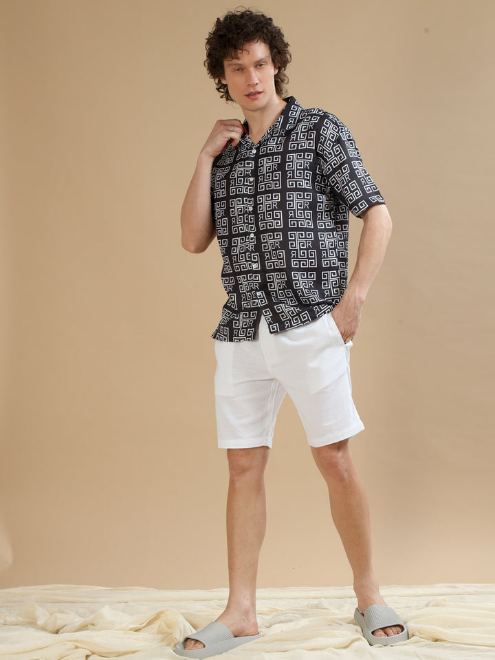 Abstract Black Oversize Shirt Oversize Printed Shirt Bushirt