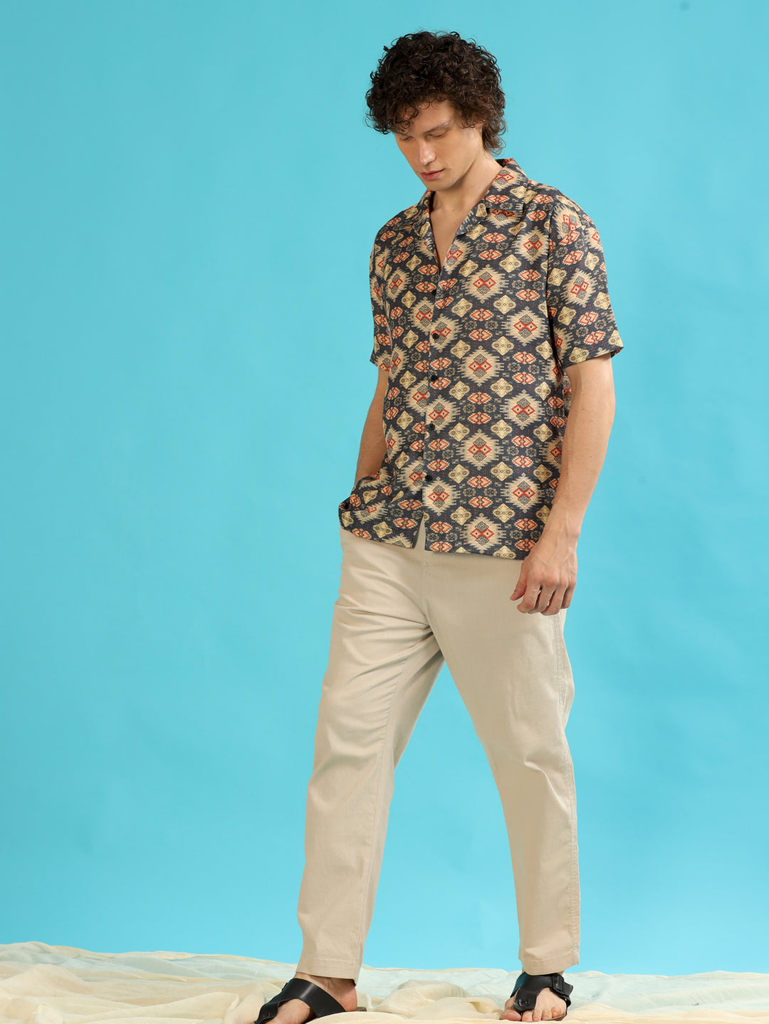 Geometric Slate Grey Oversize Shirt Oversize Printed Shirt Bushirt