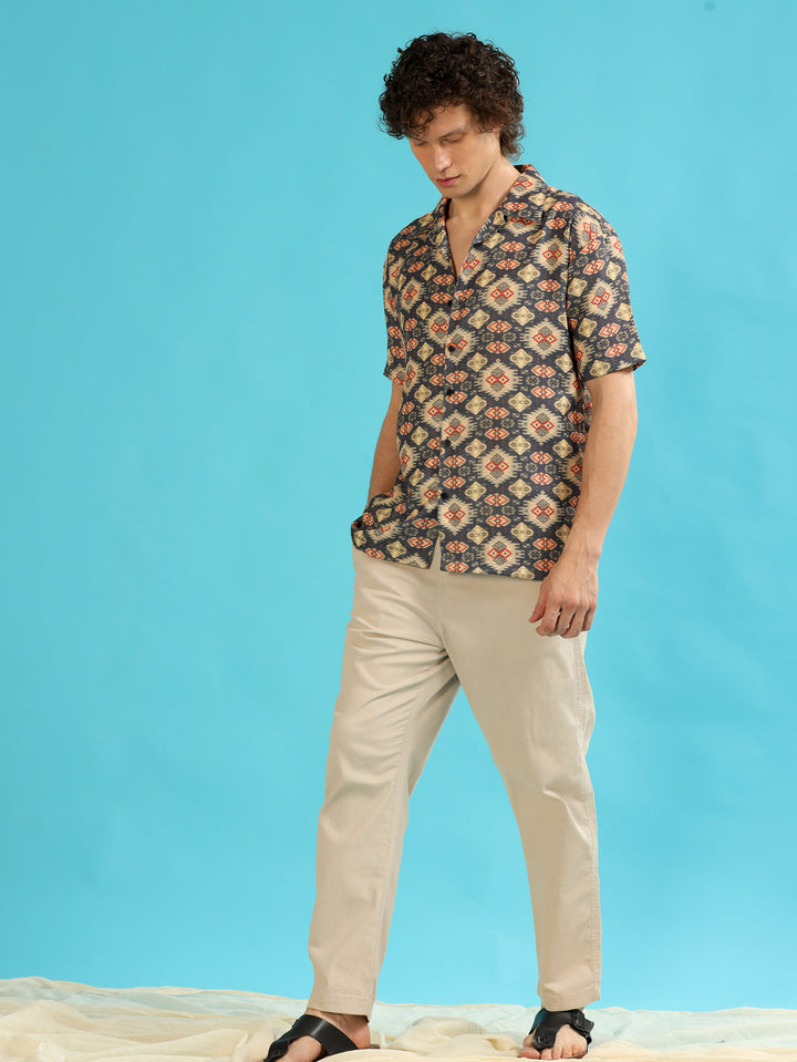 Geometric Slate Grey Oversize Shirt Oversize Printed Shirt Bushirt