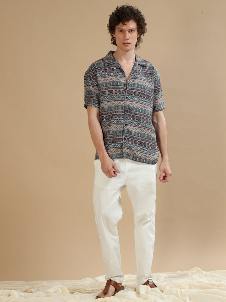 Tribe Olive Oversize Shirt Oversize Printed Shirt Bushirt