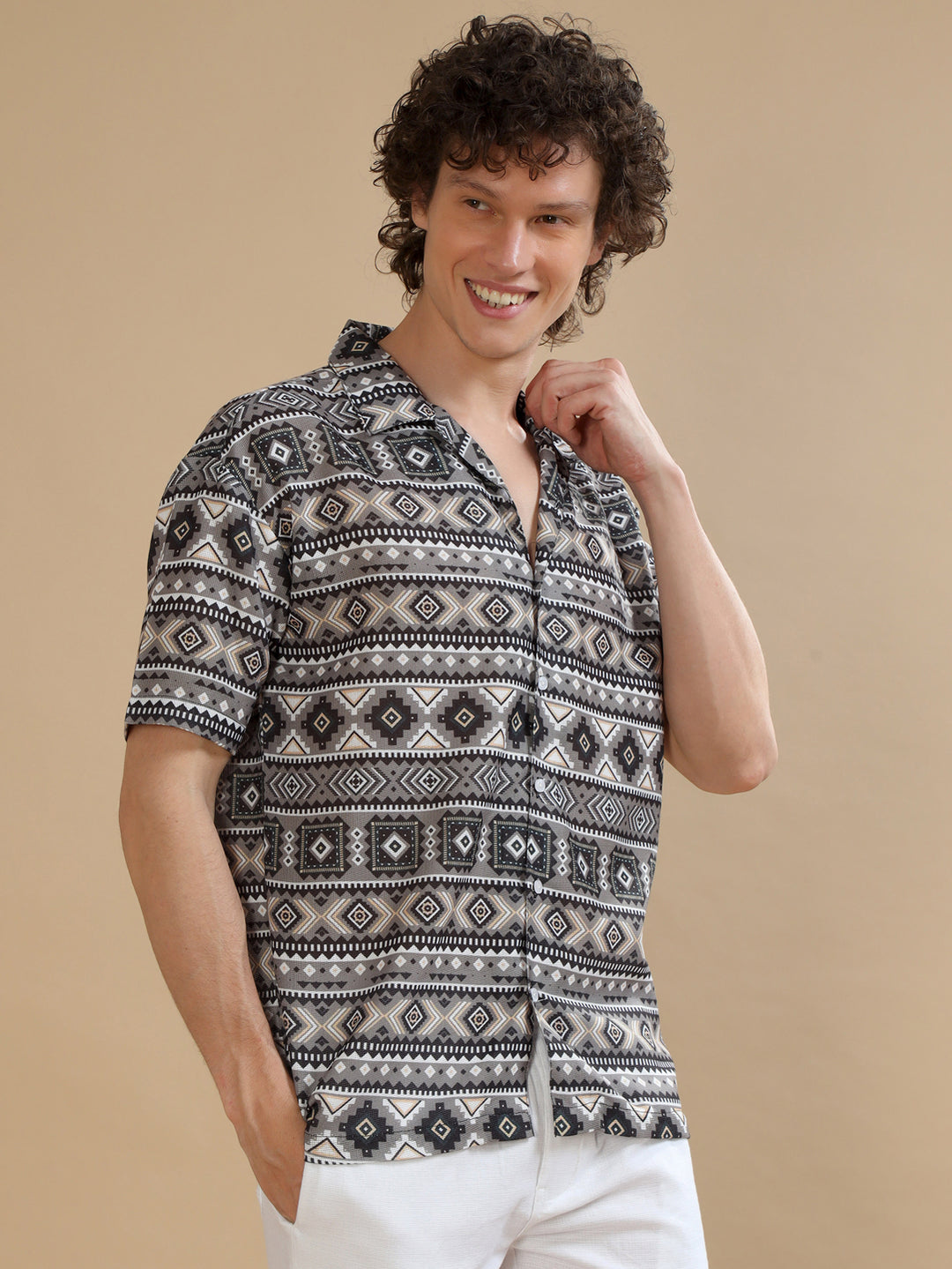 Geometric Olive Oversize Shirt Oversize Printed Shirt Bushirt