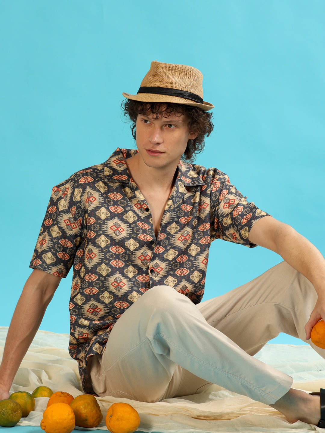 Geometric Slate Grey Oversize Shirt Oversize Printed Shirt Bushirt