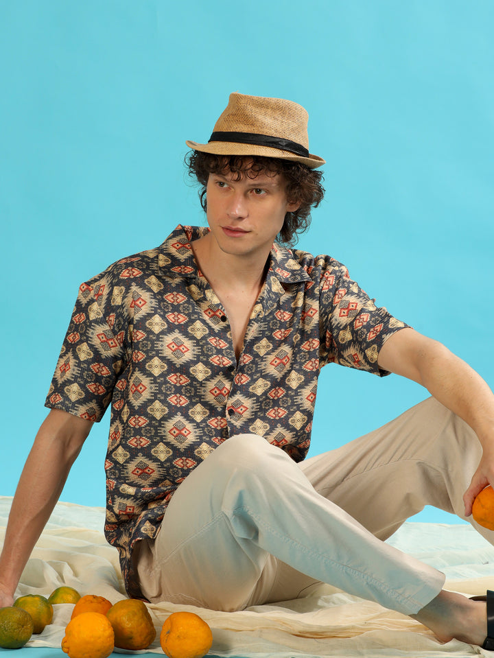 Geometric Slate Grey Oversize Shirt Oversize Printed Shirt Bushirt