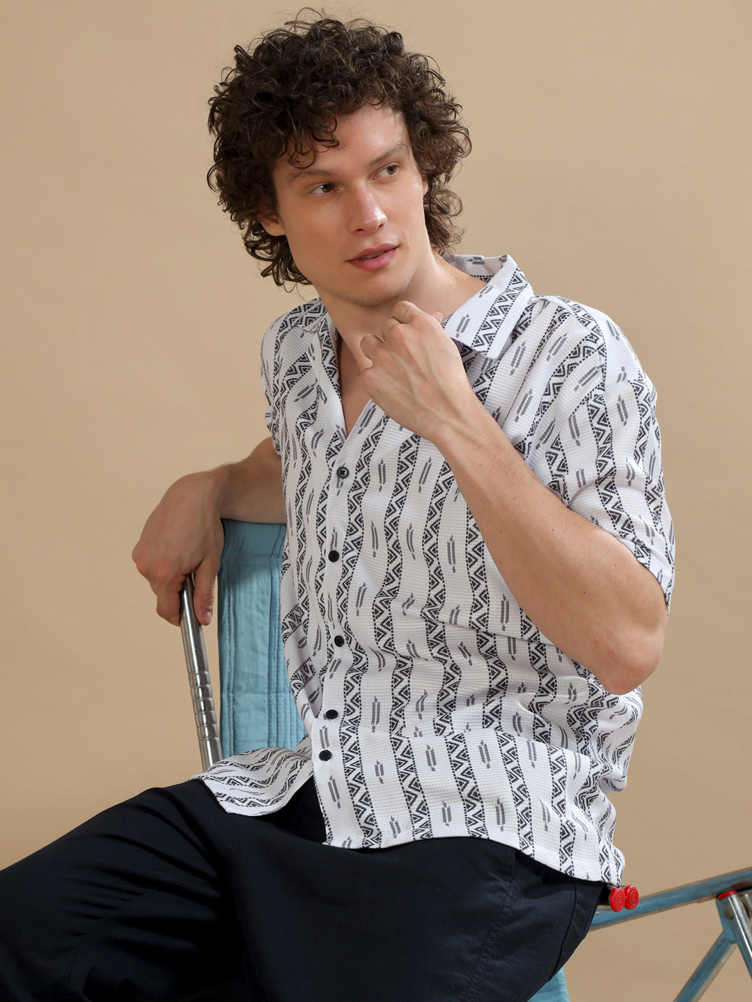 Ethnic Strips White Oversize Shirt Oversize Printed Shirt Bushirt