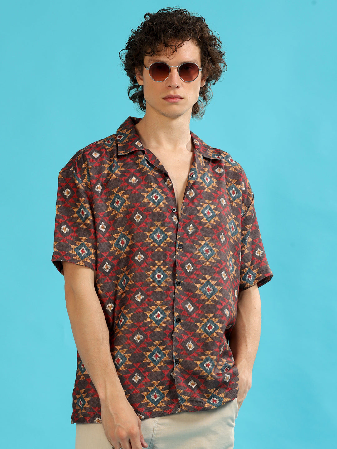 Geometric Brown Oversize Shirt Oversize Printed Shirt Bushirt