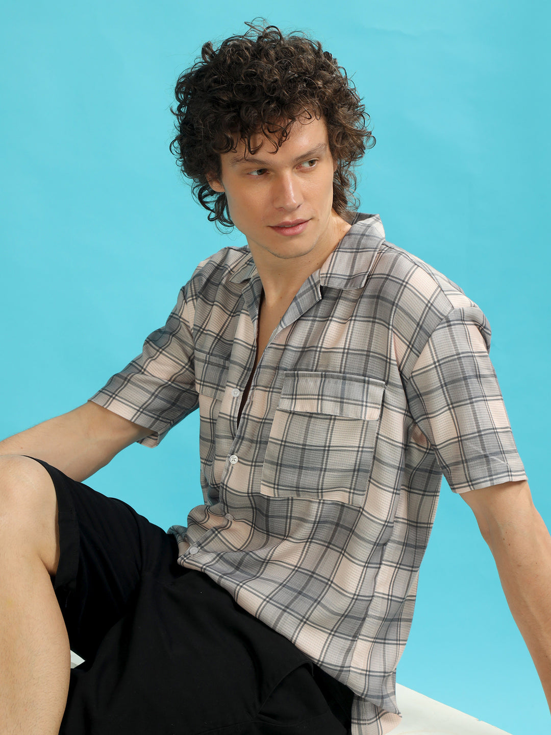 Tartan Square Ivory Checks Oversize Shirt Oversize Printed Shirt Bushirt