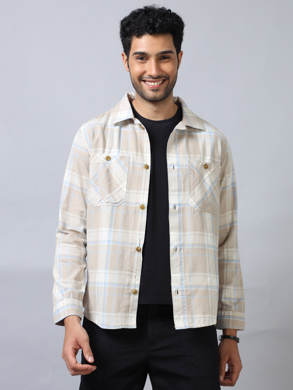 Beige Checked Shacket Shackets Bushirt