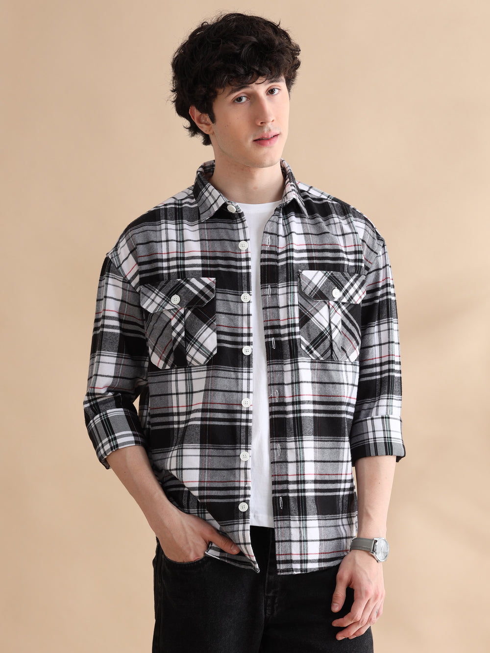 Traverse Black Checks Oversize Shackets Shackets Bushirt