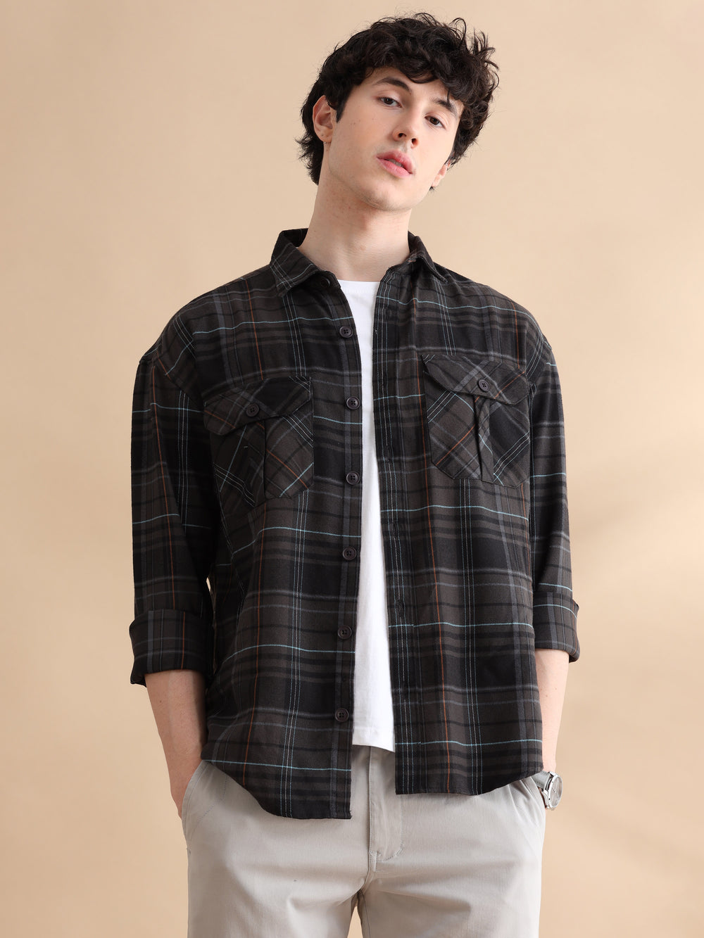 Traverse Deep Grey Checks Oversize Shackets Shackets Bushirt