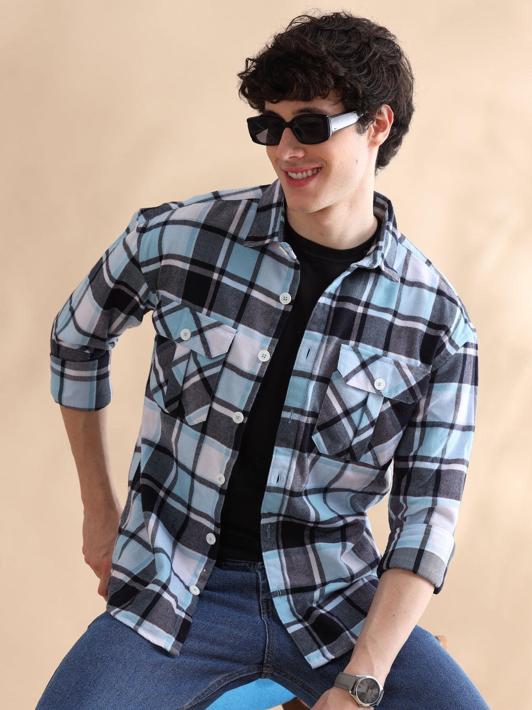 Grid Sky Blue Checks Oversize Shackets Shackets Bushirt