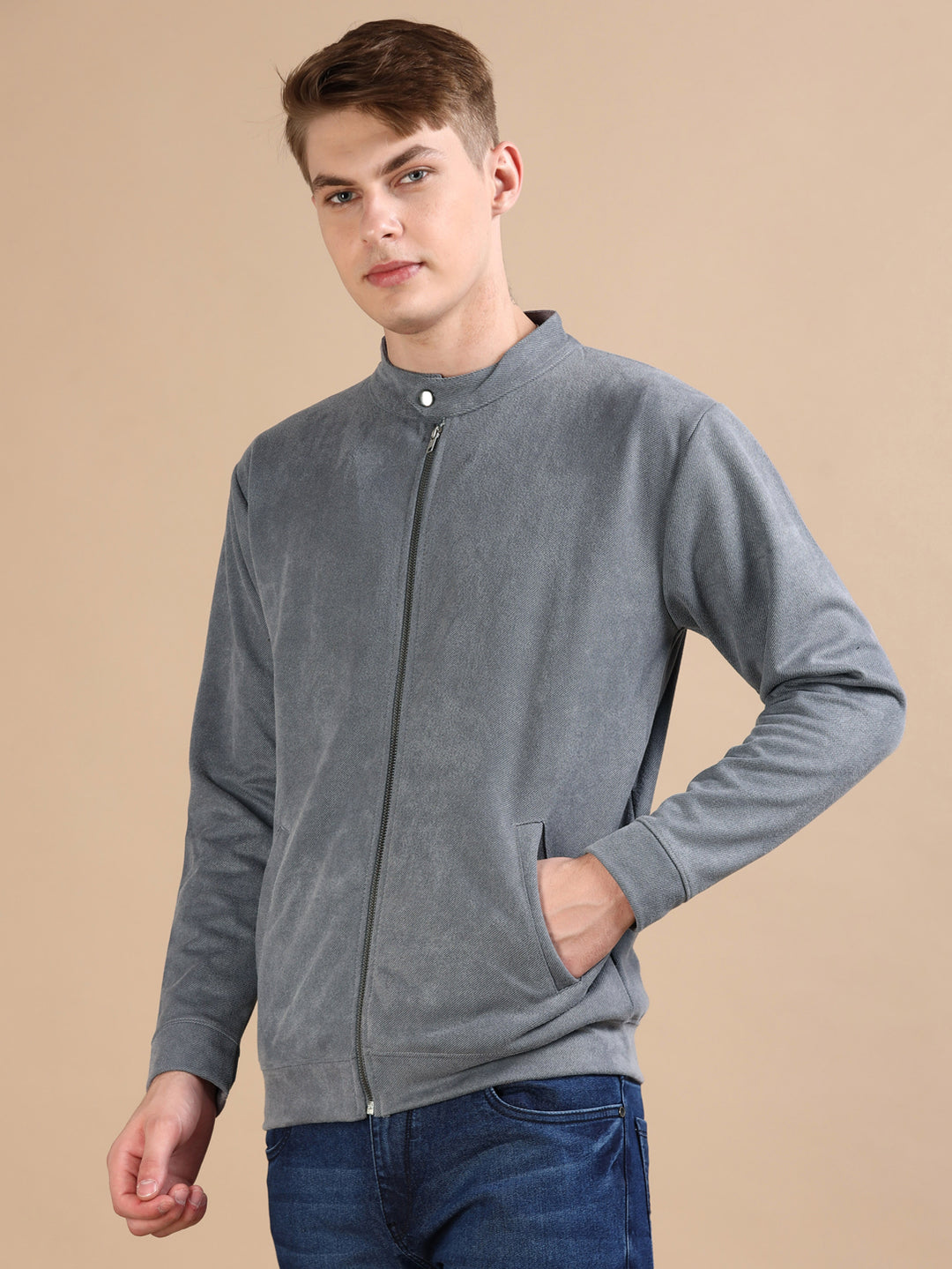 Suede Pastel Grey Solid Jacket Jackets Bushirt