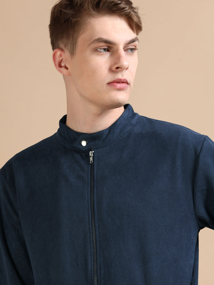 Suede Denim Blue Solid Jacket Jackets Bushirt