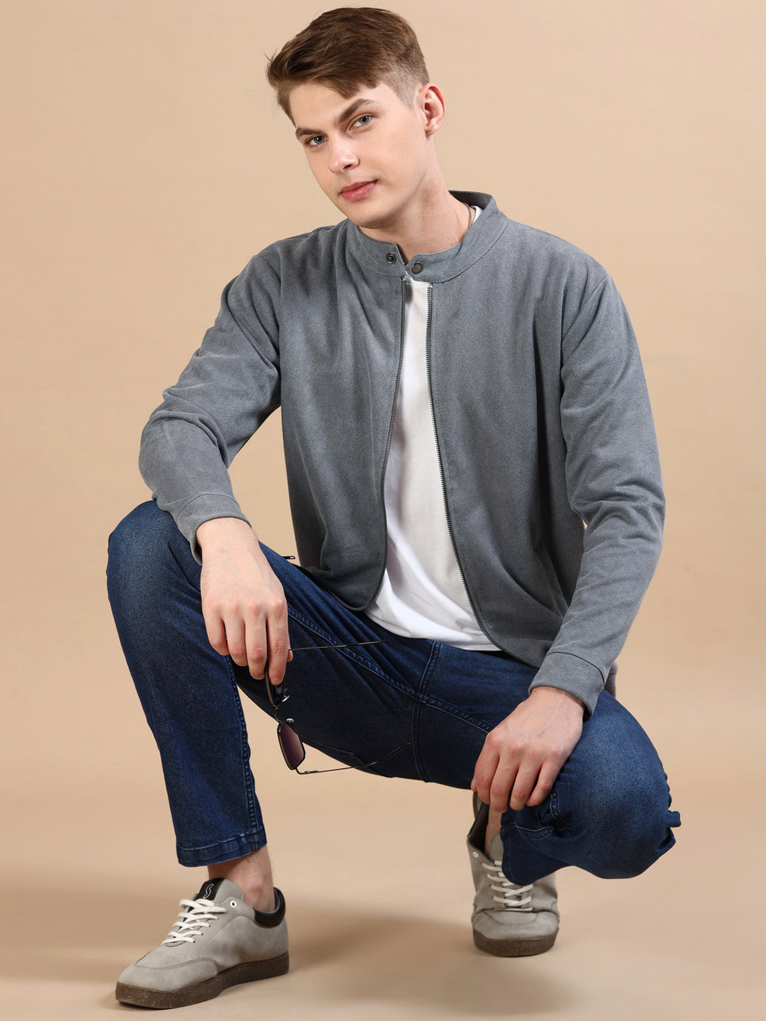 Suede Pastel Grey Solid Jacket Jackets Bushirt