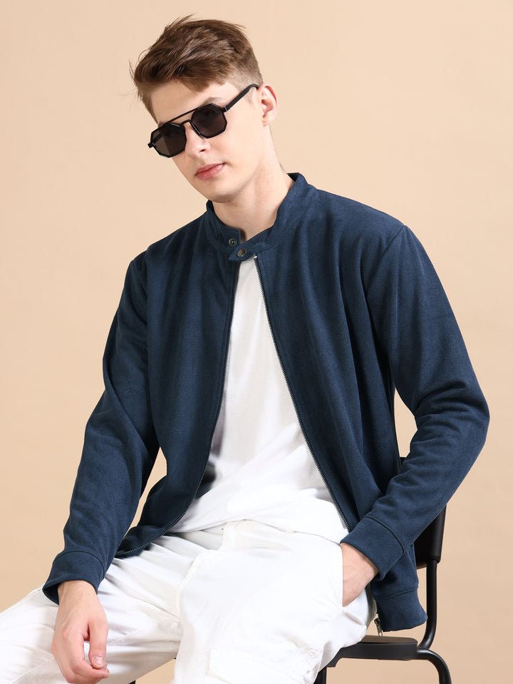 Suede Denim Blue Solid Jacket Jackets Bushirt
