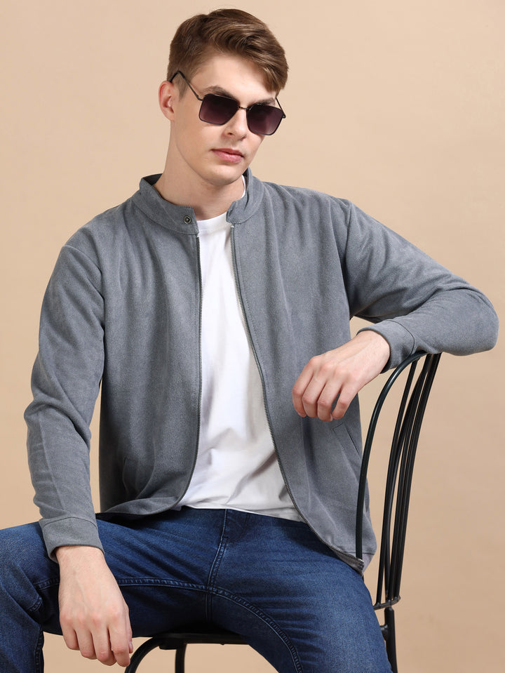 Suede Pastel Grey Solid Jacket Jackets Bushirt