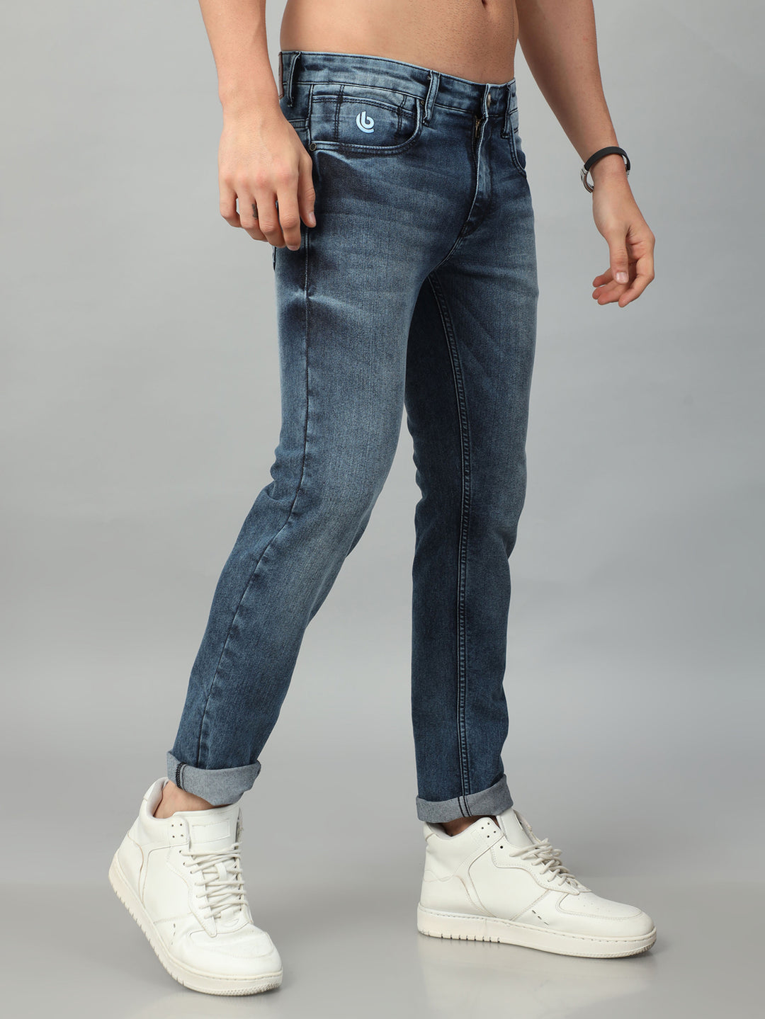 Mid Blue Solid Slim Fit Jeans Jeans Bushirt