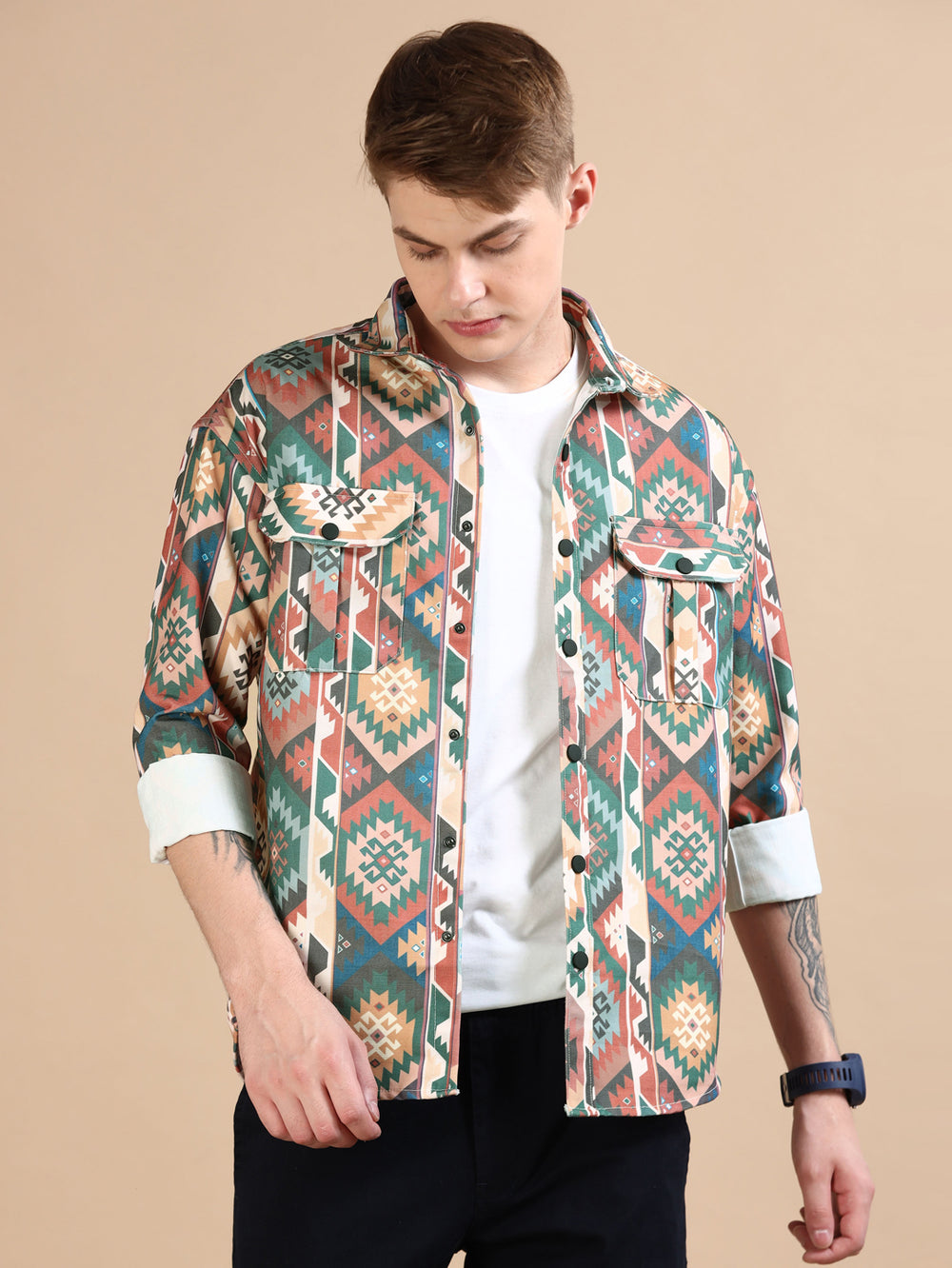 Bronze Oversized Printed Shackets Shackets Bushirt