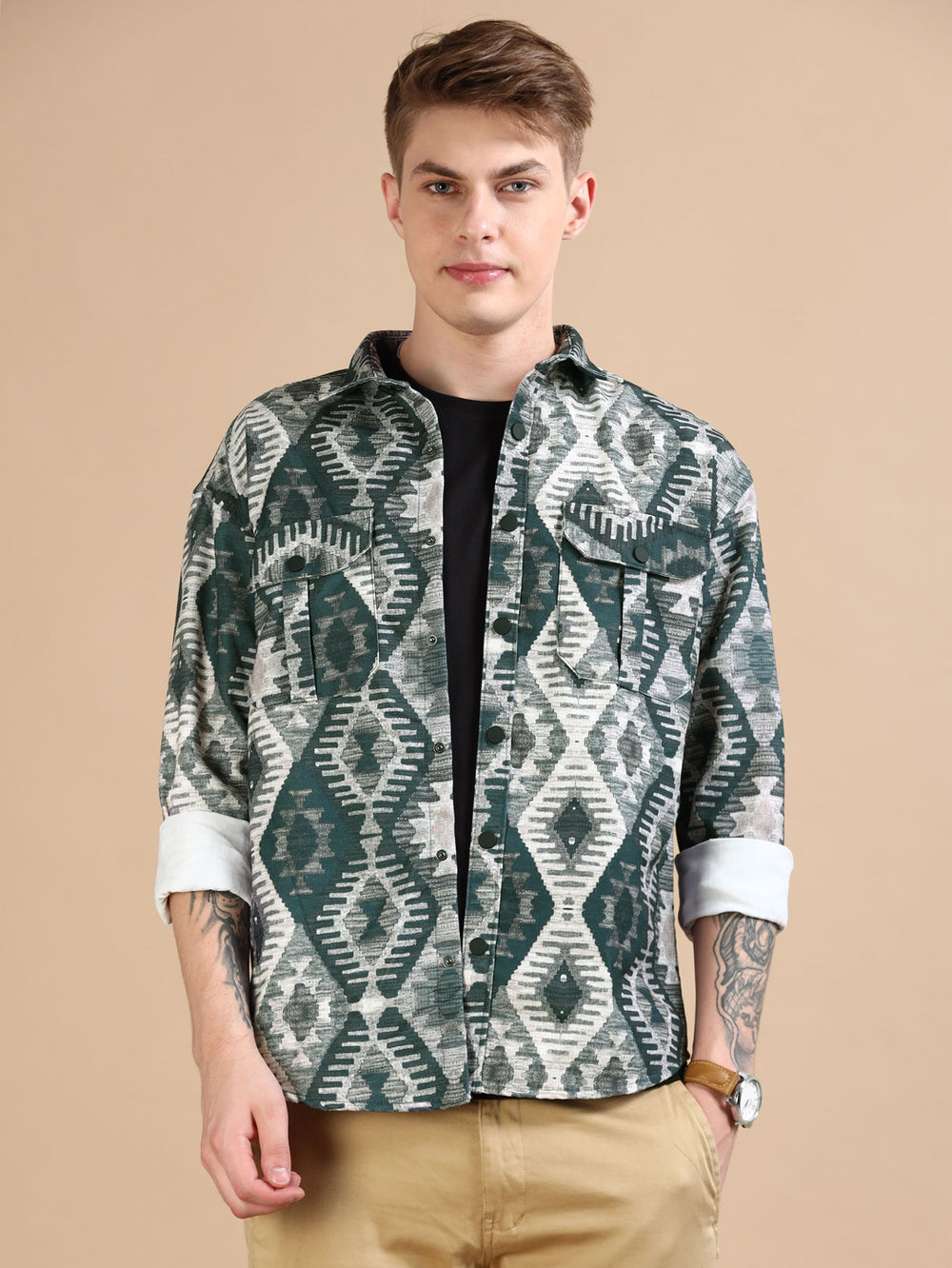 Dark Green Oversized Printed Shackets Shackets Bushirt