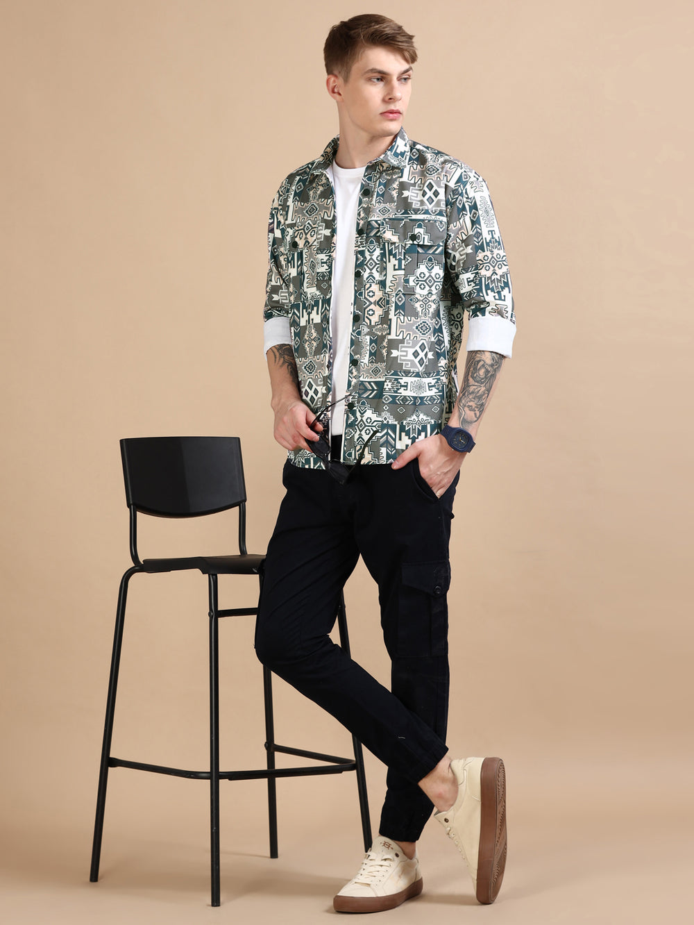 Teal Grey Oversized Printed Shackets Shackets Bushirt