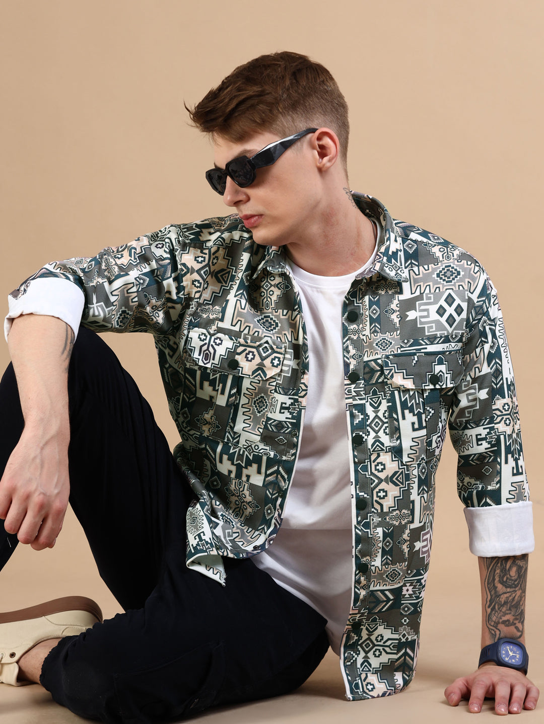 Teal Grey Oversized Printed Shackets Shackets Bushirt
