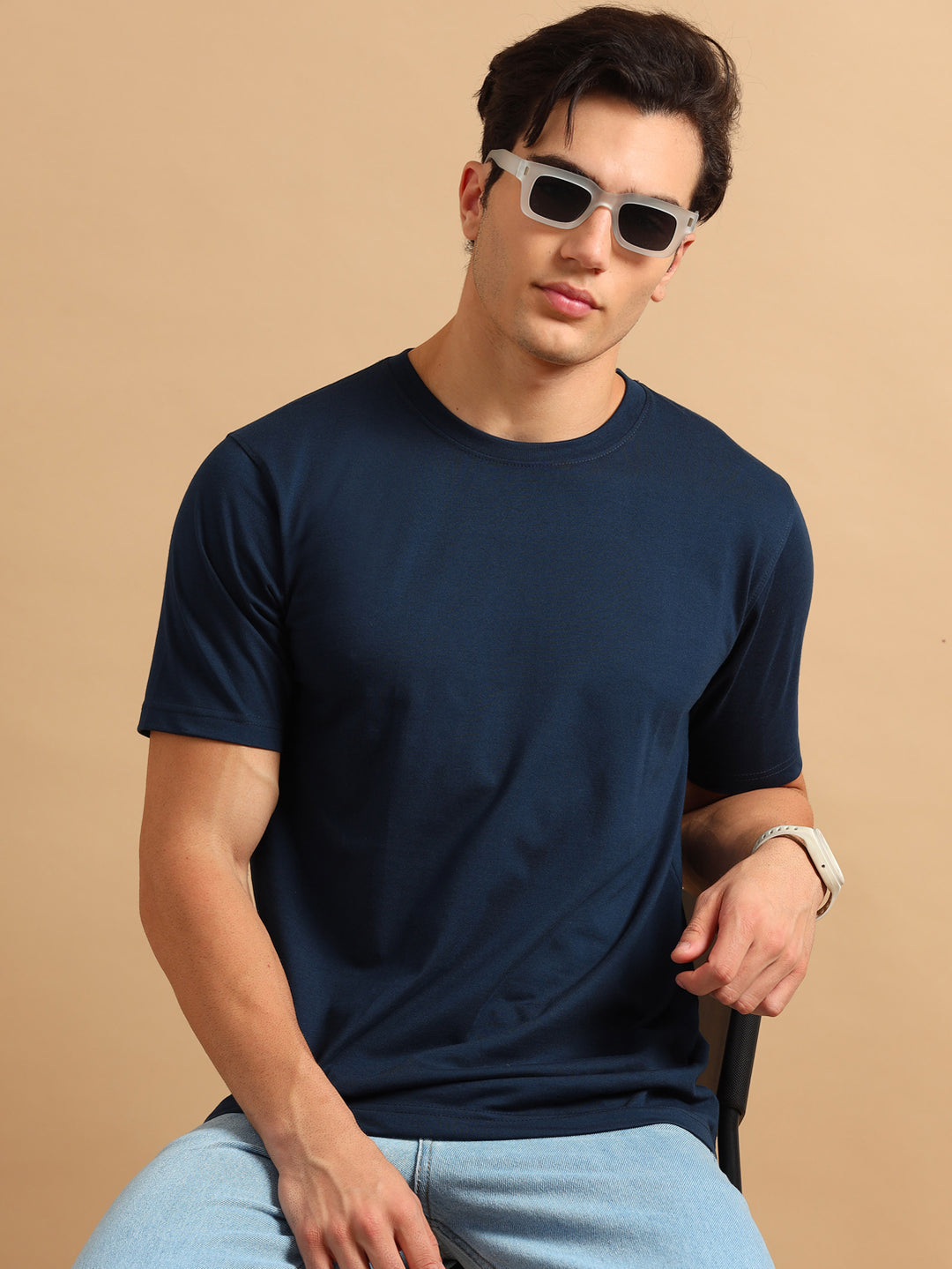 Easy Essential Navy Blue Solid T-Shirt Plain T-Shirts Bushirt