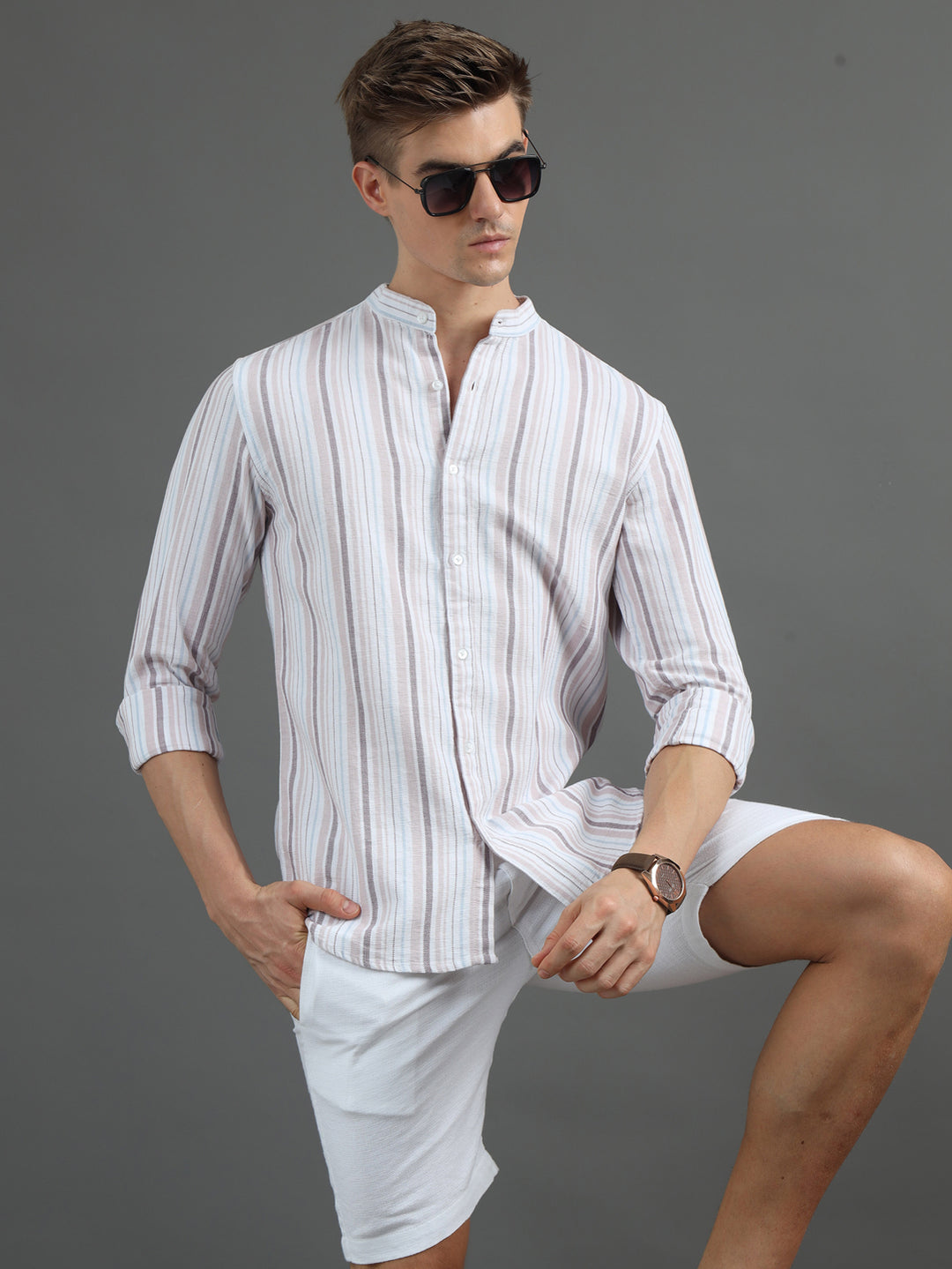 Taupe Chinese Collar Strips Shirt Stripes Shirt Bushirt