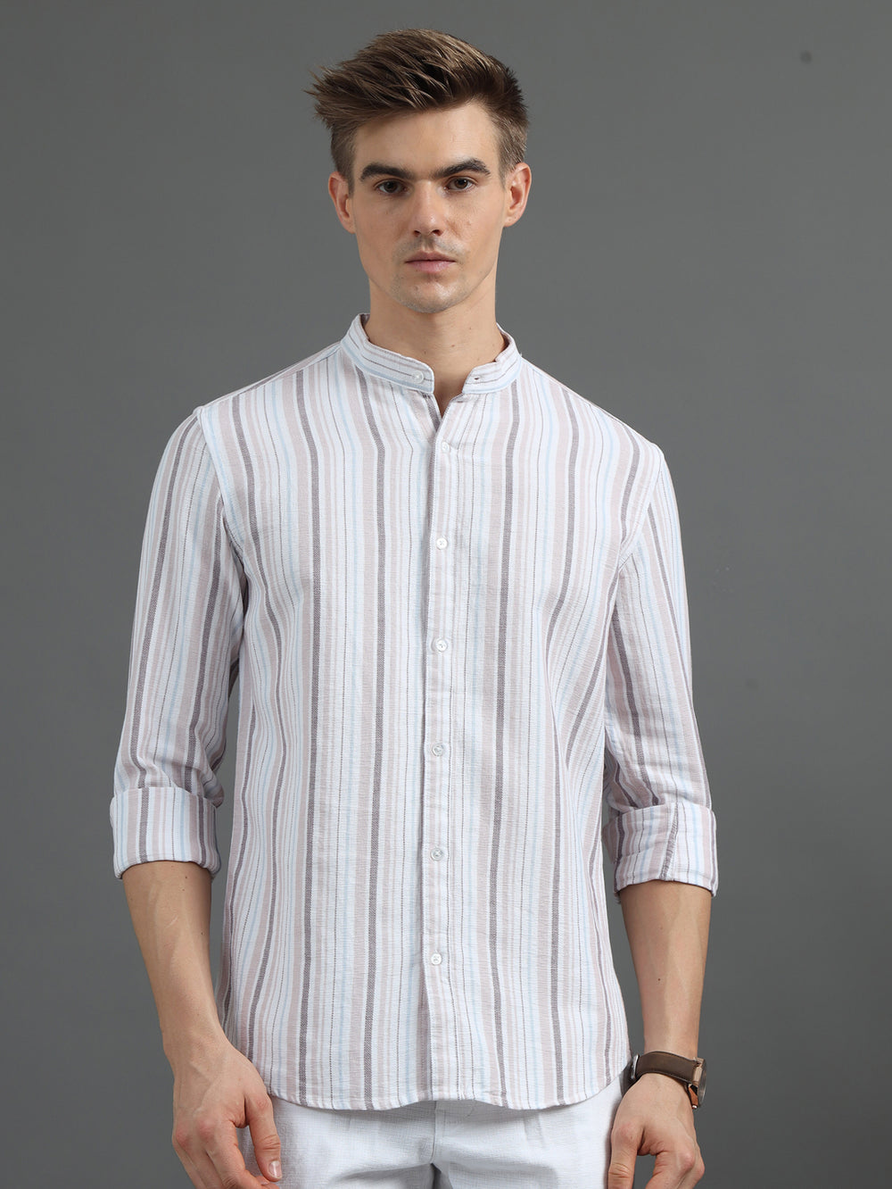 Taupe Chinese Collar Strips Shirt Stripes Shirt Bushirt