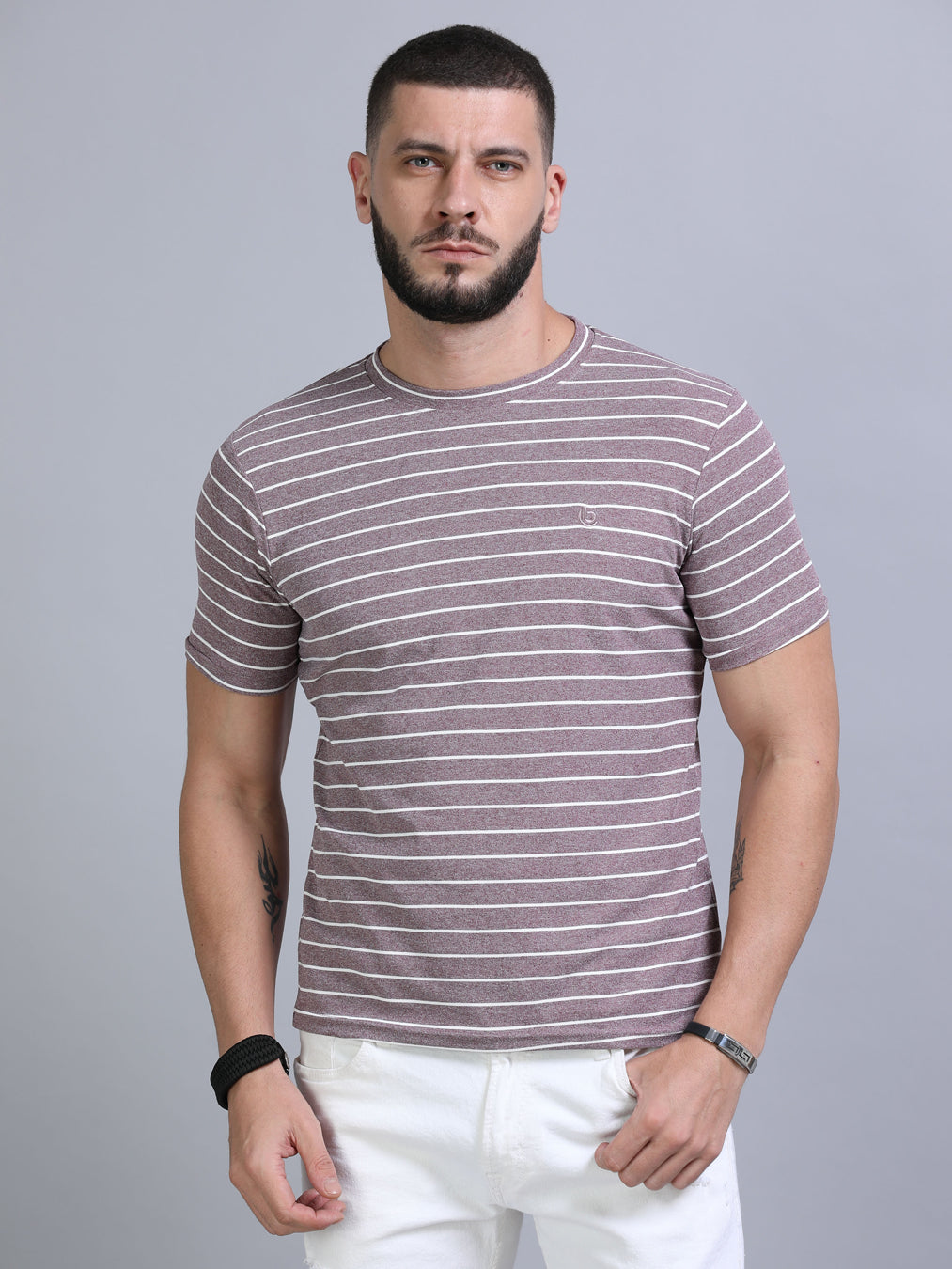 Deep Taupe Strips Shirt Plain T-Shirts Bushirt