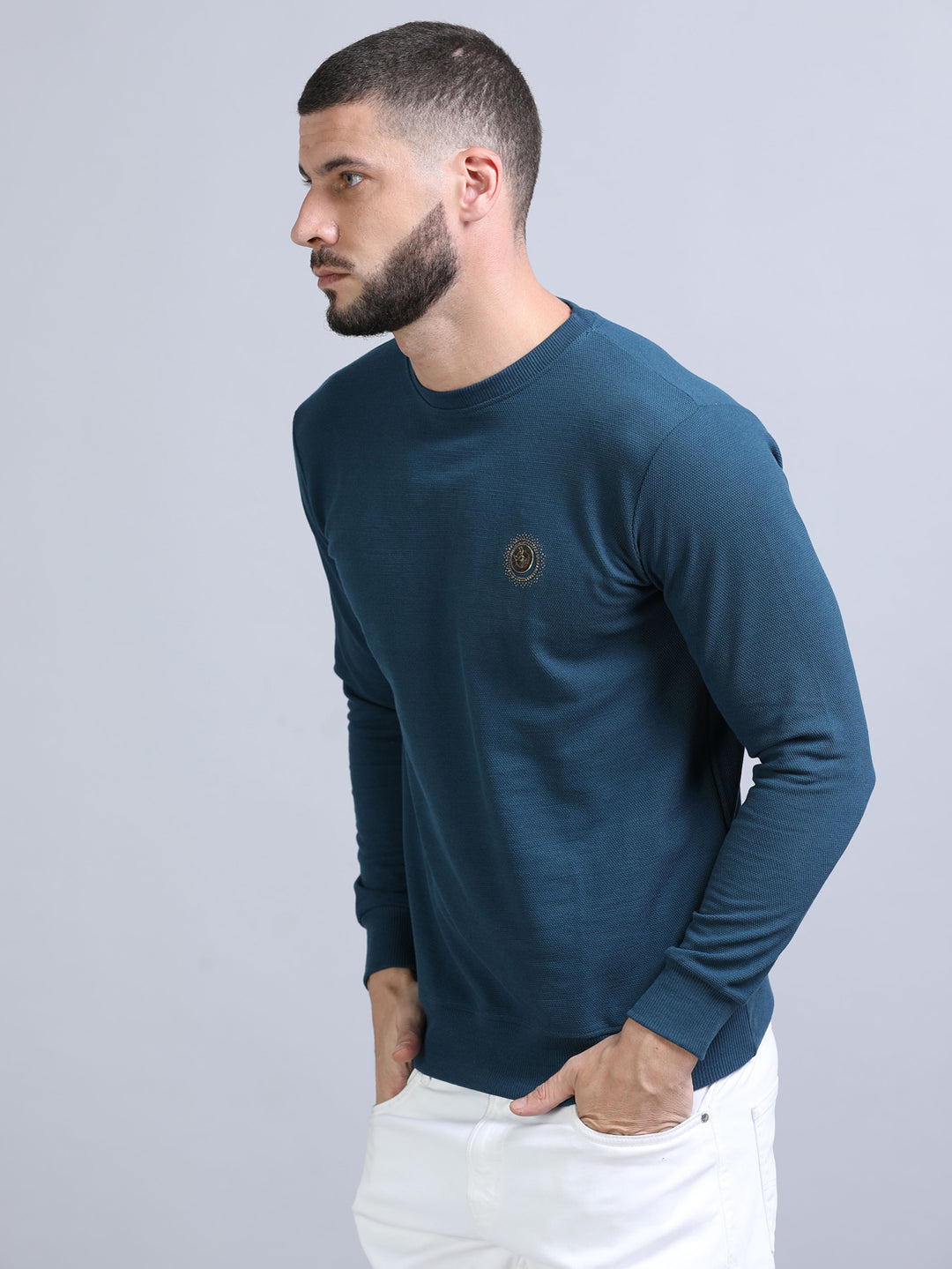 Acrylic Teal Green Solid Sweatshirt Sweatshirt Bushirt