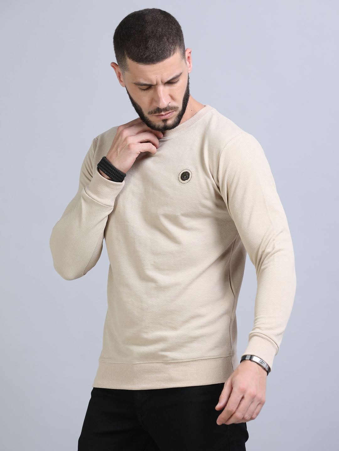 Acrylic Beige Solid Sweatshirt Sweatshirt Bushirt