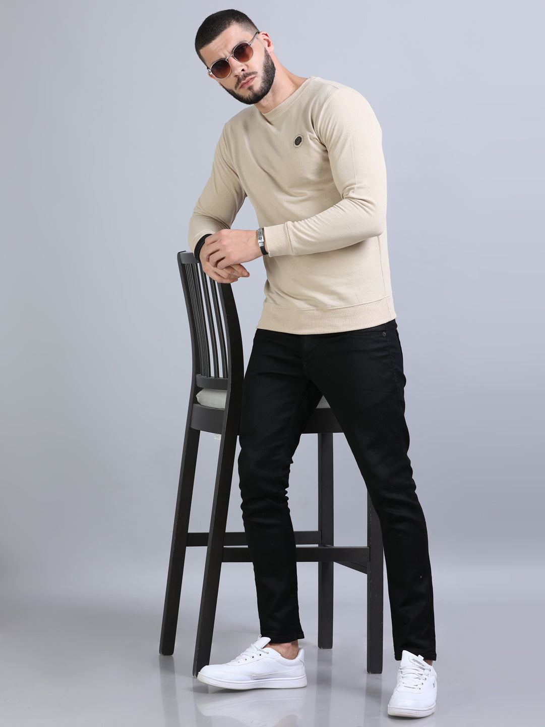 Acrylic Beige Solid Sweatshirt Sweatshirt Bushirt