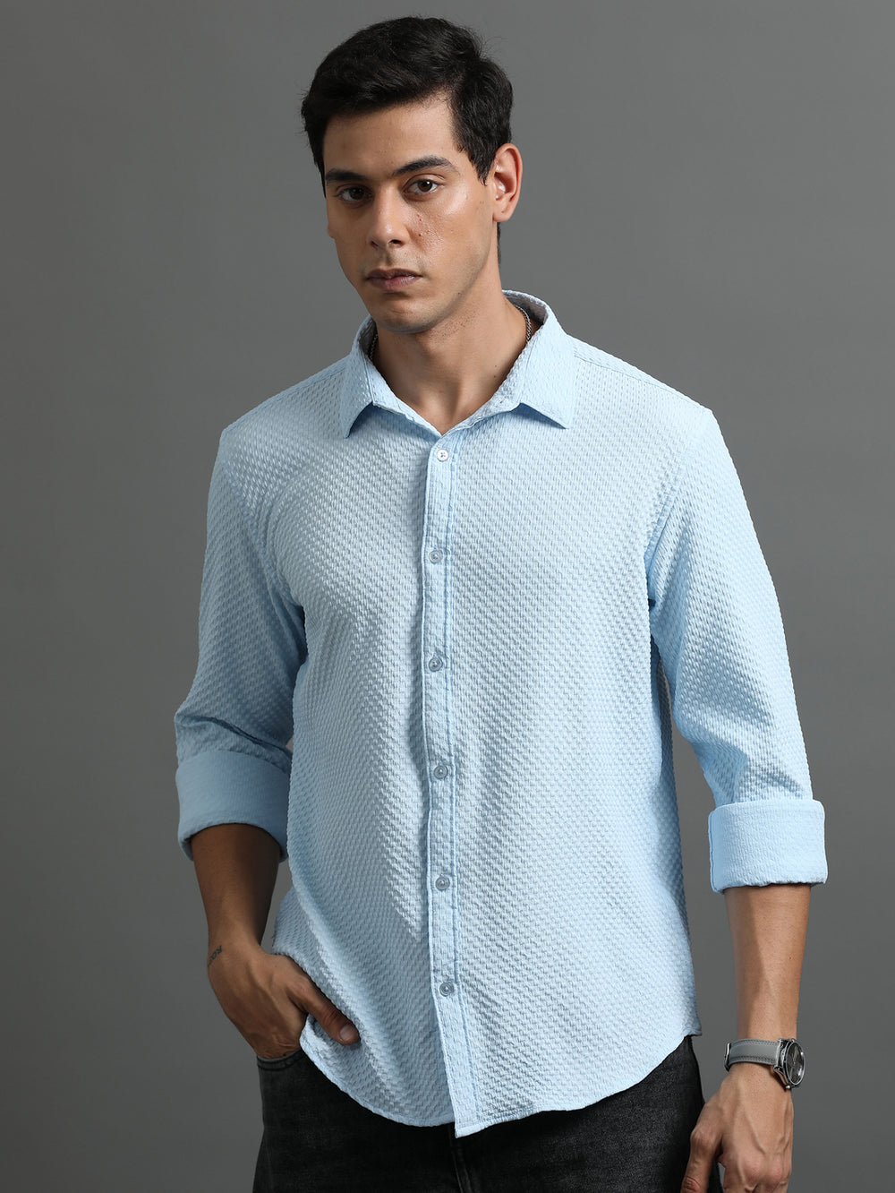 Waffle Sky Blue Solid Shirt Solid Shirt Bushirt