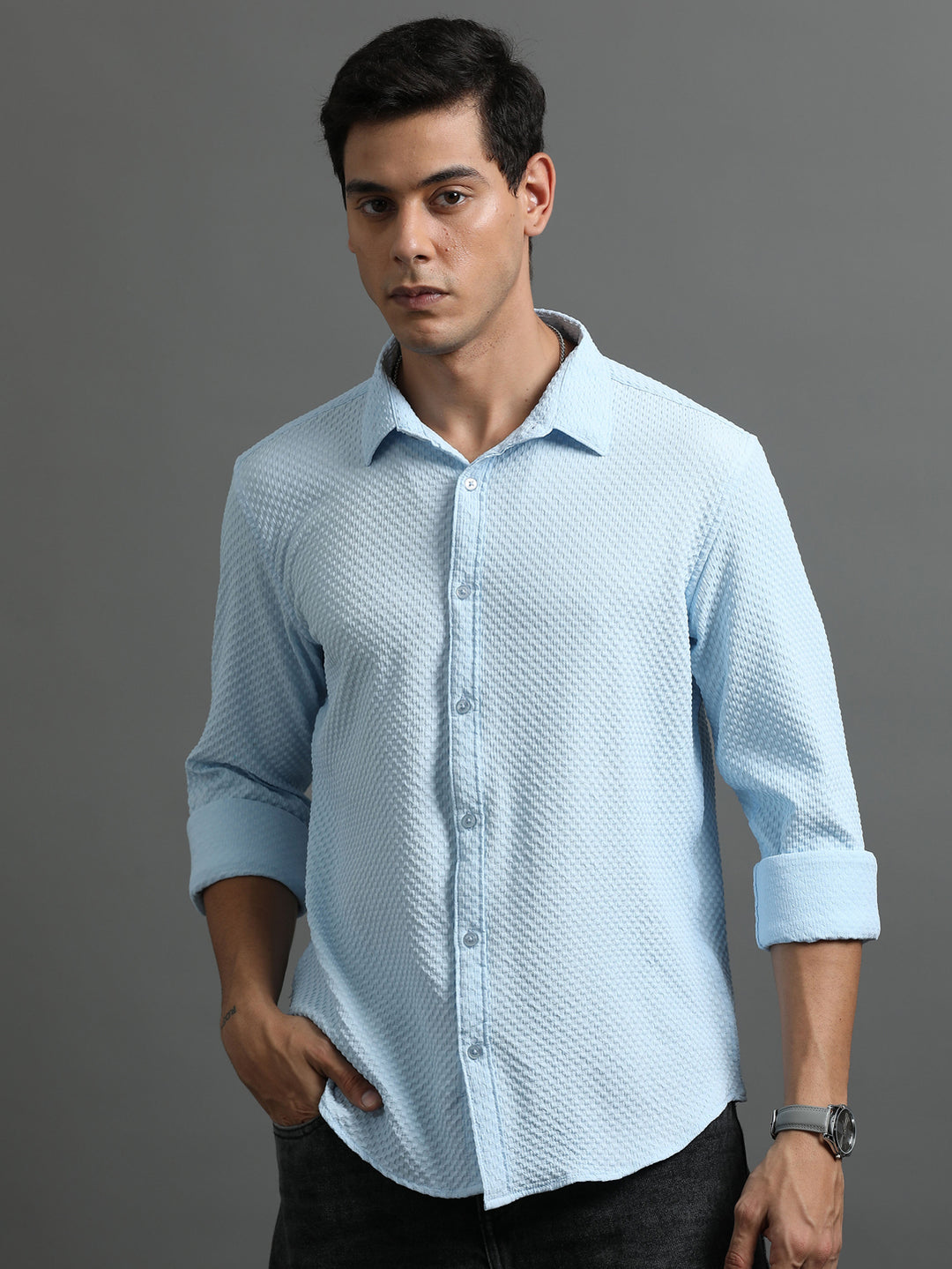 Waffle Sky Blue Solid Shirt Solid Shirt Bushirt