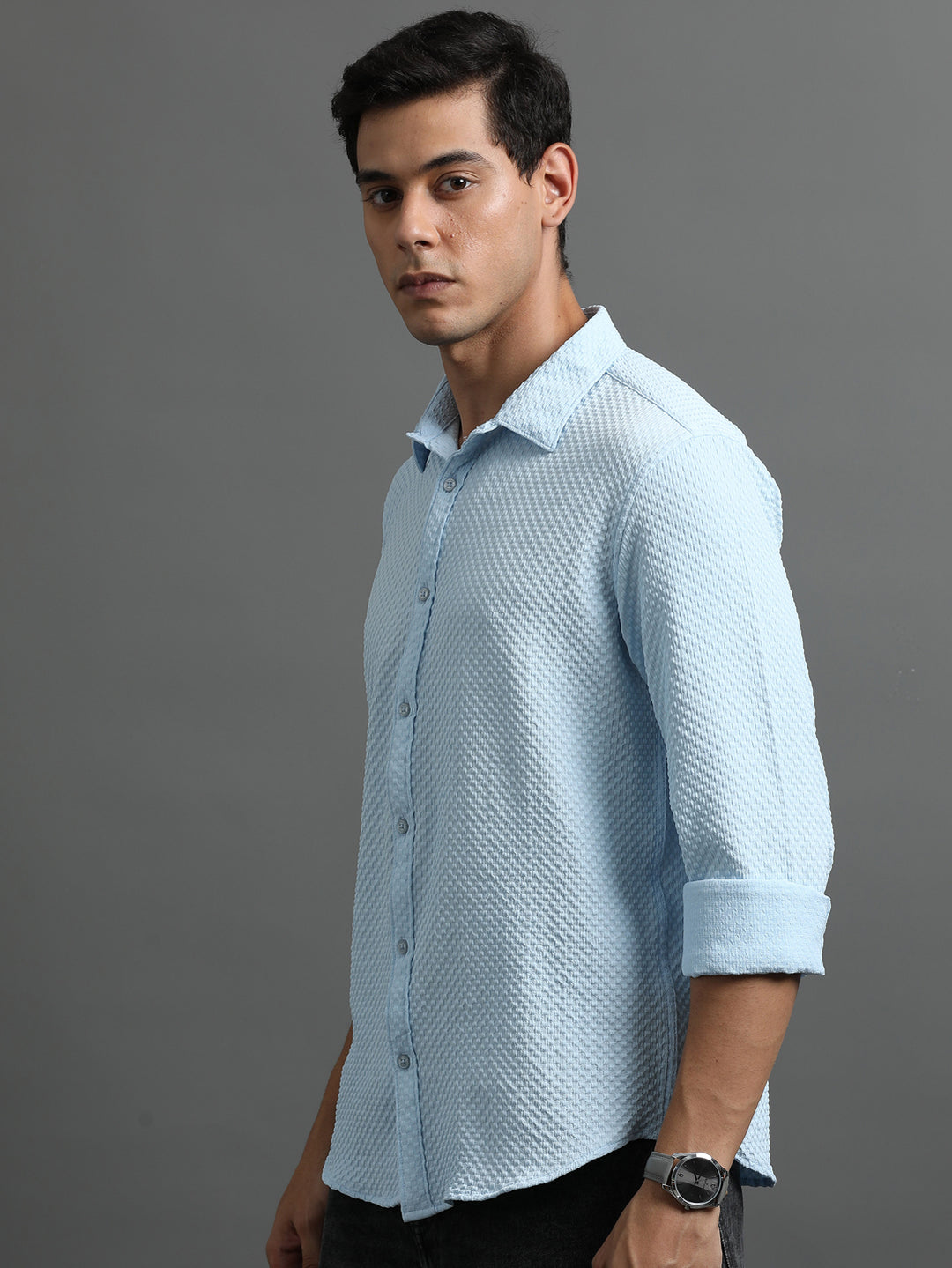 Waffle Sky Blue Solid Shirt Solid Shirt Bushirt