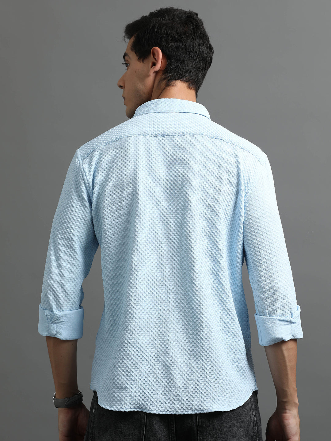 Waffle Sky Blue Solid Shirt Solid Shirt Bushirt