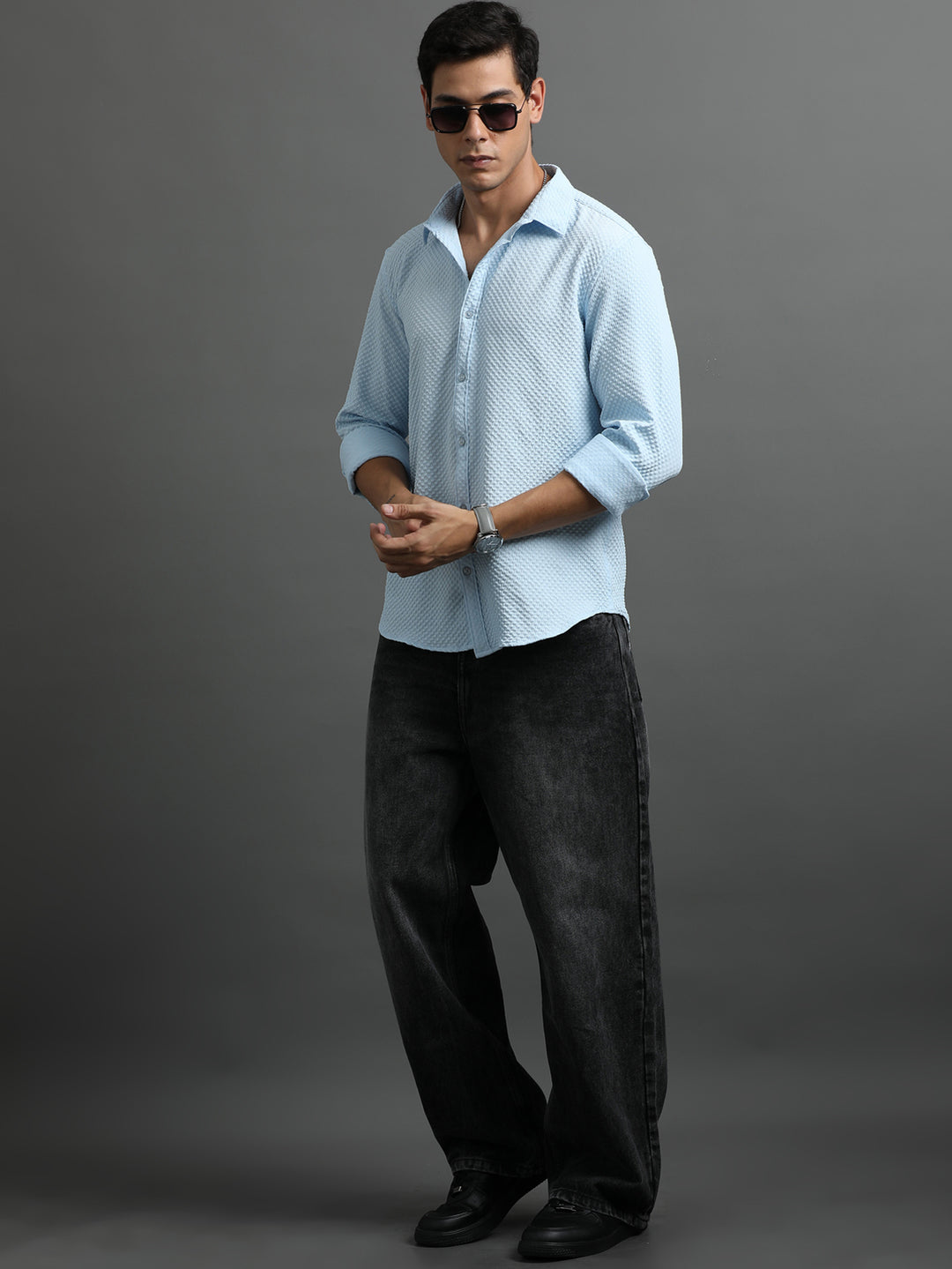 Waffle Sky Blue Solid Shirt Solid Shirt Bushirt