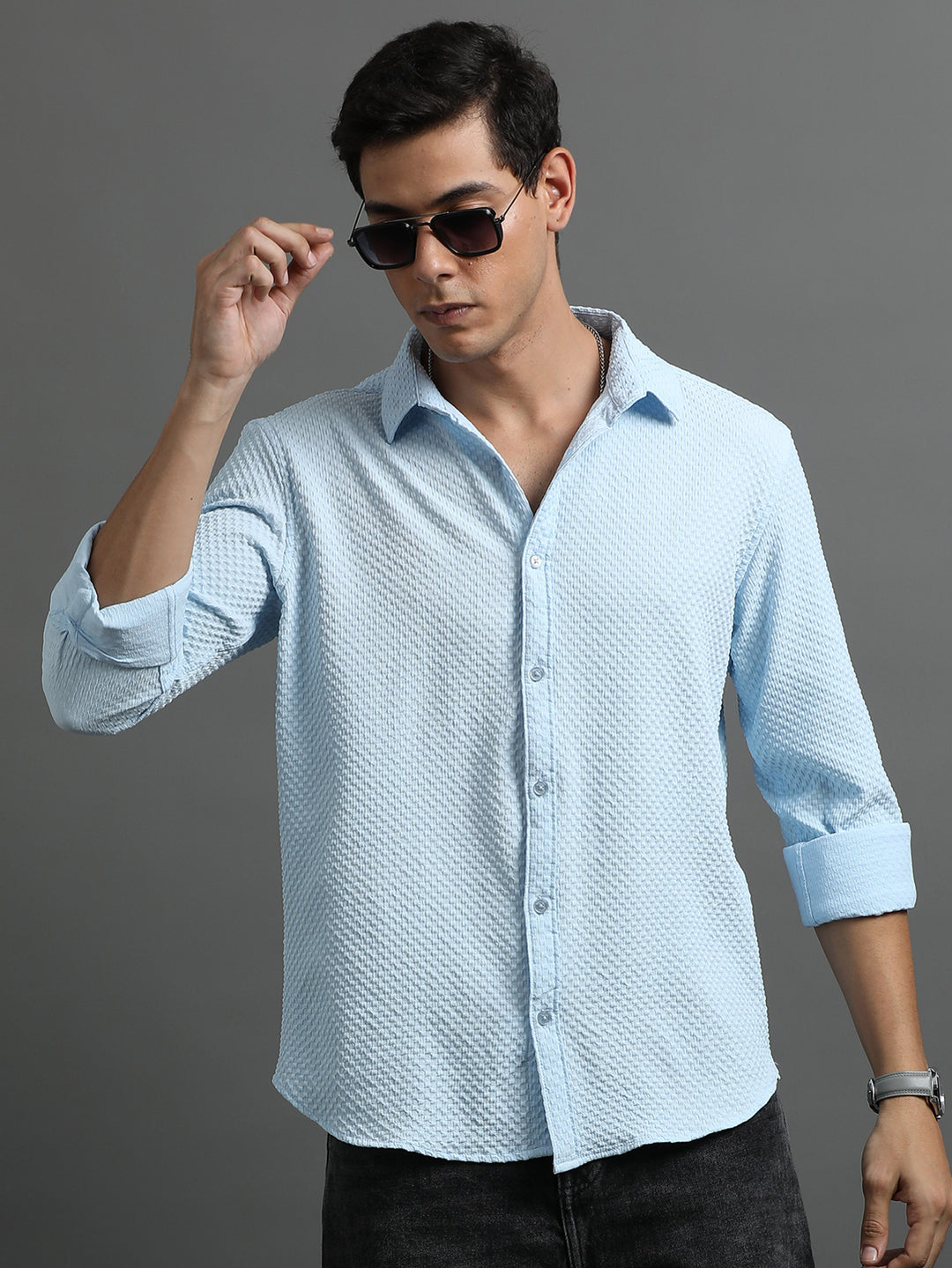 Waffle Sky Blue Solid Shirt Solid Shirt Bushirt